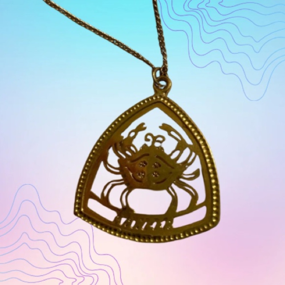 VINTAGE 1970s Cancer Zodiac Pendant Necklace Faux Gold